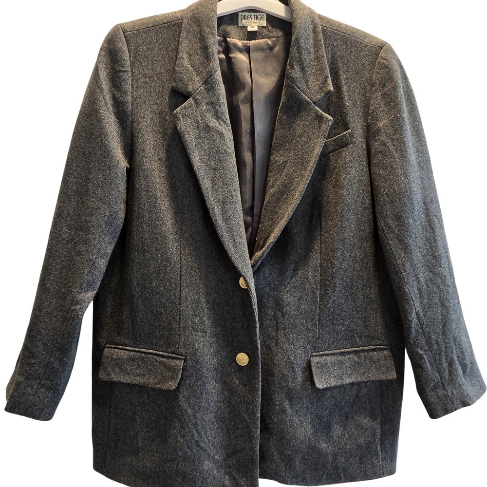 Vintage Gray Wool Blazer Women's 18 Gold‎ Button Equestrian Preppy Classic